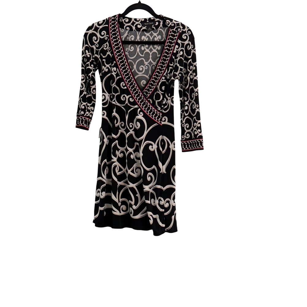 White House Black Market XS Faux Wrap Dress Black White Scroll Print 3/4 Sleeve